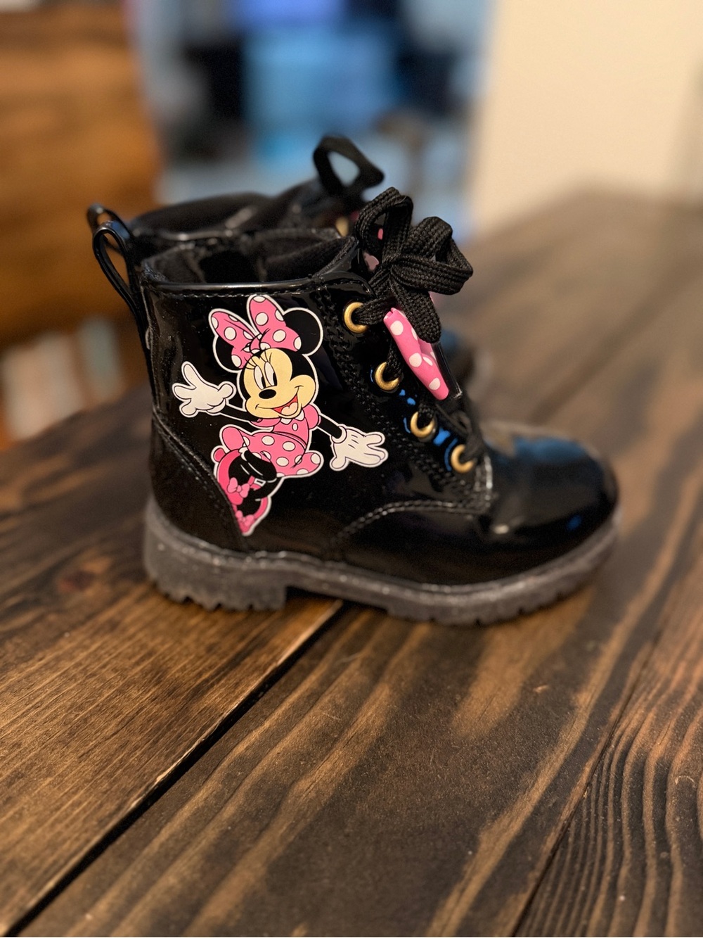 Disney Black Patent Minnie Mouse Lace-Up Kids Boots with Pink Accents